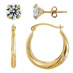 Cheapest ⭐ Everlasting Gold 10k Gold Swirl Hoop & Cubic Zirconia Button Stud Earring Set ⭐